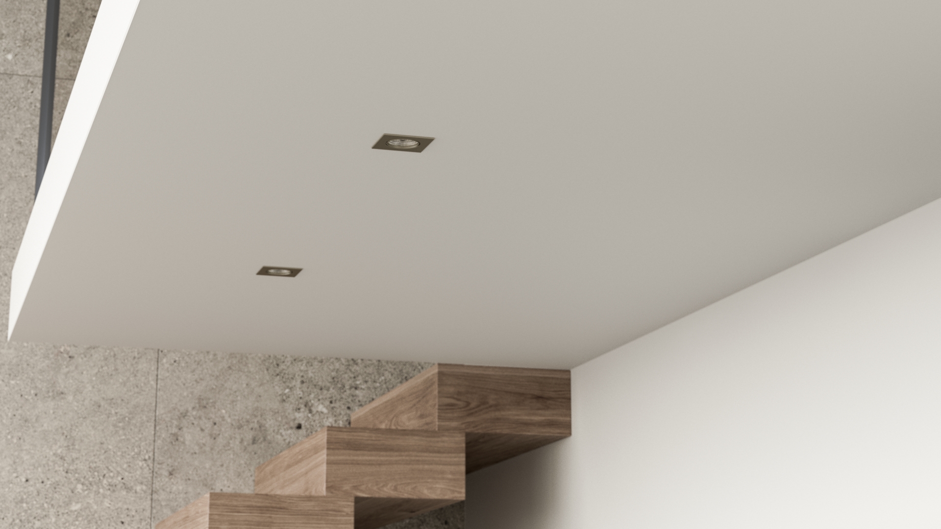 Čtvercová stropní svítidla v obývacím pokoji se schodištěm